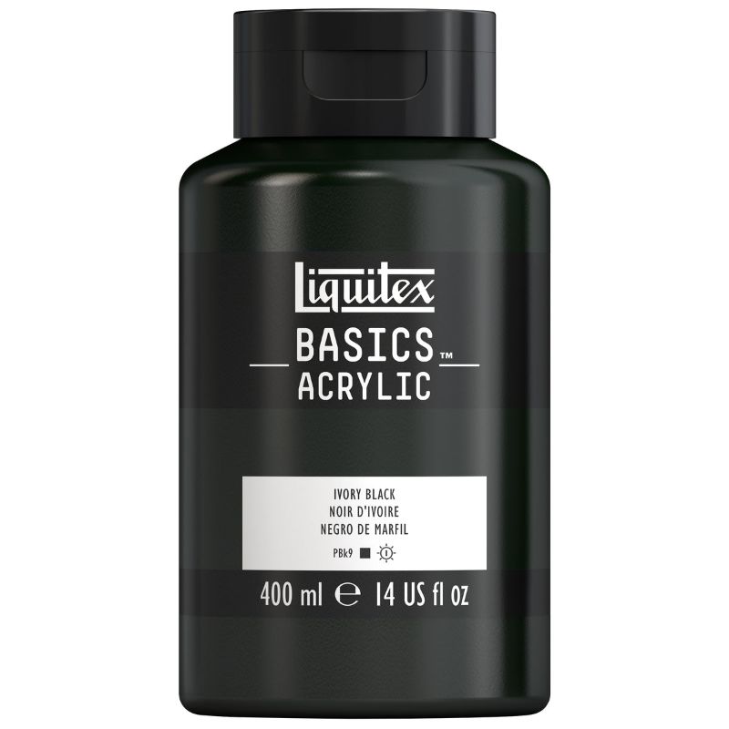 Liquitex Basics Acrylic Paint 400ml in rich IVORY BLACK, ideal for artists, offers smooth texture and vibrant, lightfast color.