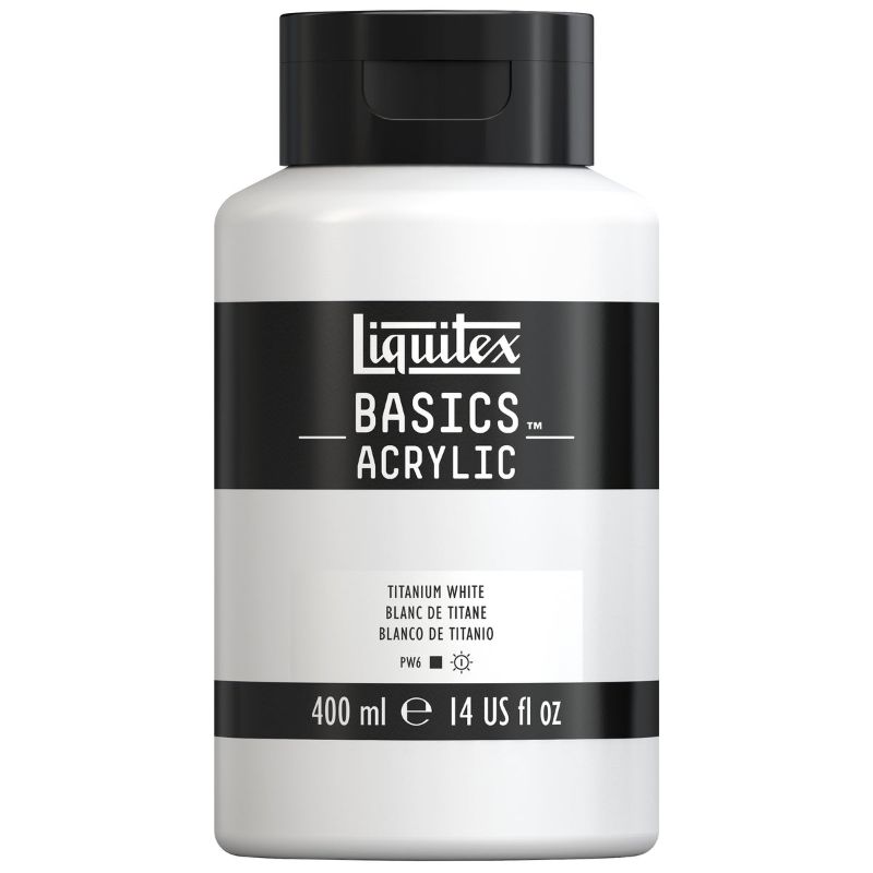Liquitex Basics Acrylic Paint 400ml in Titanium White, offering vibrant color and smooth application for all artists.