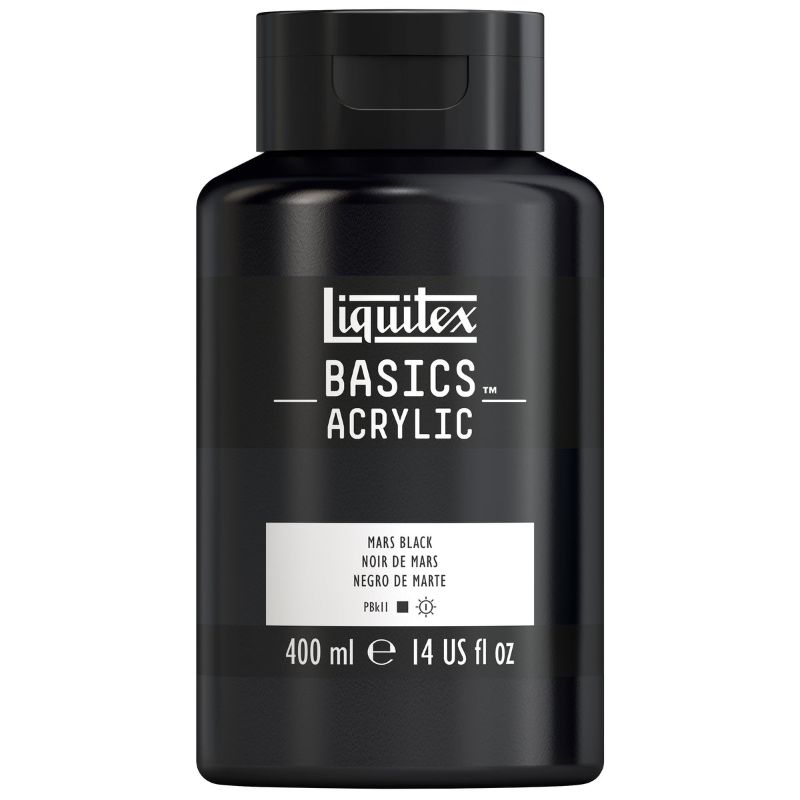 Liquitex Basics Acrylic Paint 400ml MARS BLACK ROW, offering deep black color and excellent blending for artists of all levels.