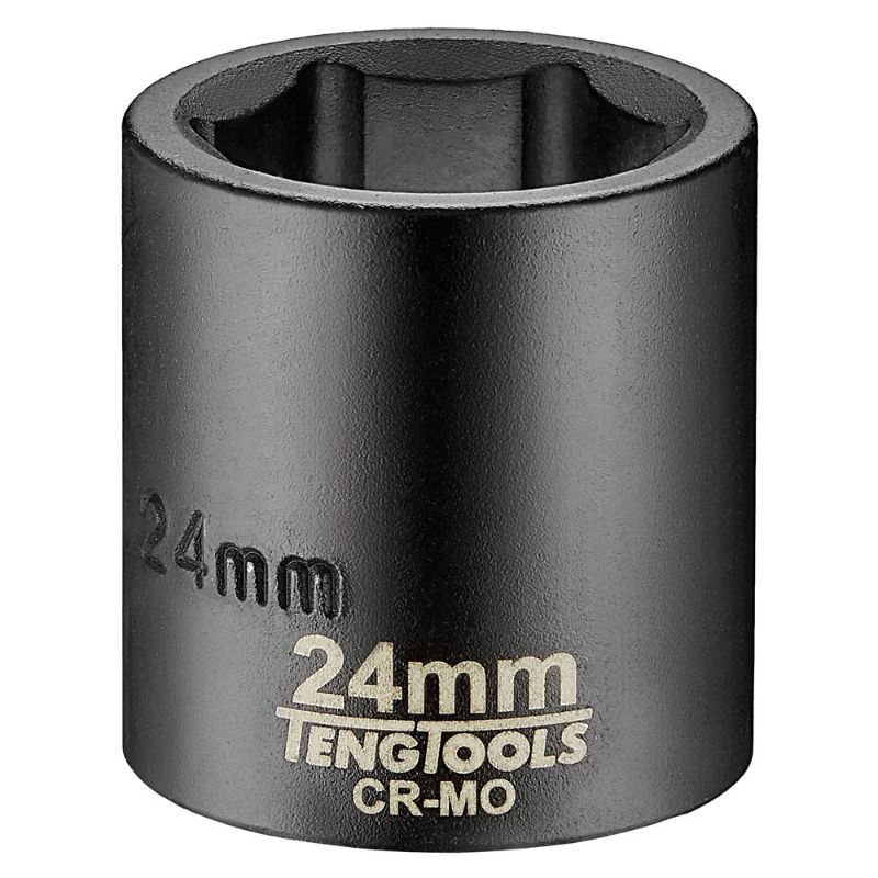 Teng 1/2in Drive Impact Socket 24mm ANSI for high torque, durable chrome molybdenum steel, perfect for automotive tasks.