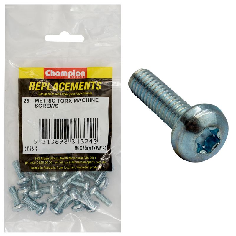 Pack of 25 Champion M6 x 16mm pan head machine screws with Torx drive for durable and versatile fastening applications.