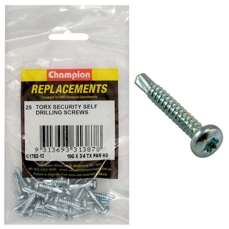 Self-drilling Champion screws in a 25-pack, 10G x 3/4in, with pan head and TX drive for secure fastening and easy installation.