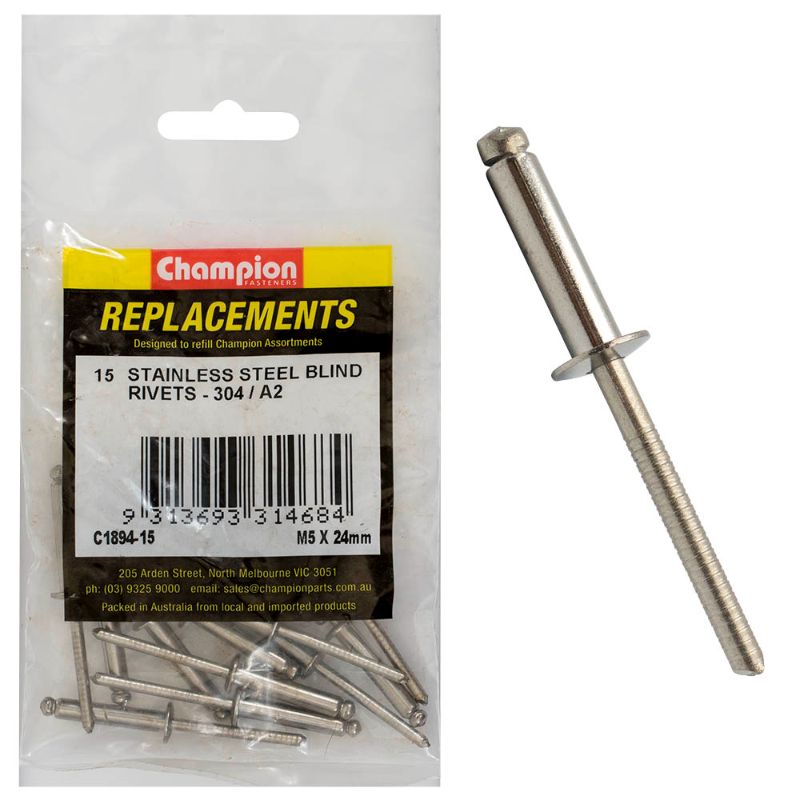 Champion 5.0mm x 24mm stainless steel blind rivets in a 25-pack, durable and rust-resistant for versatile fastening.