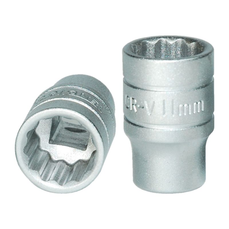11mm Teng 1/4in drive socket, crafted from chrome vanadium steel for durability, featuring a 12-point design for tight access.