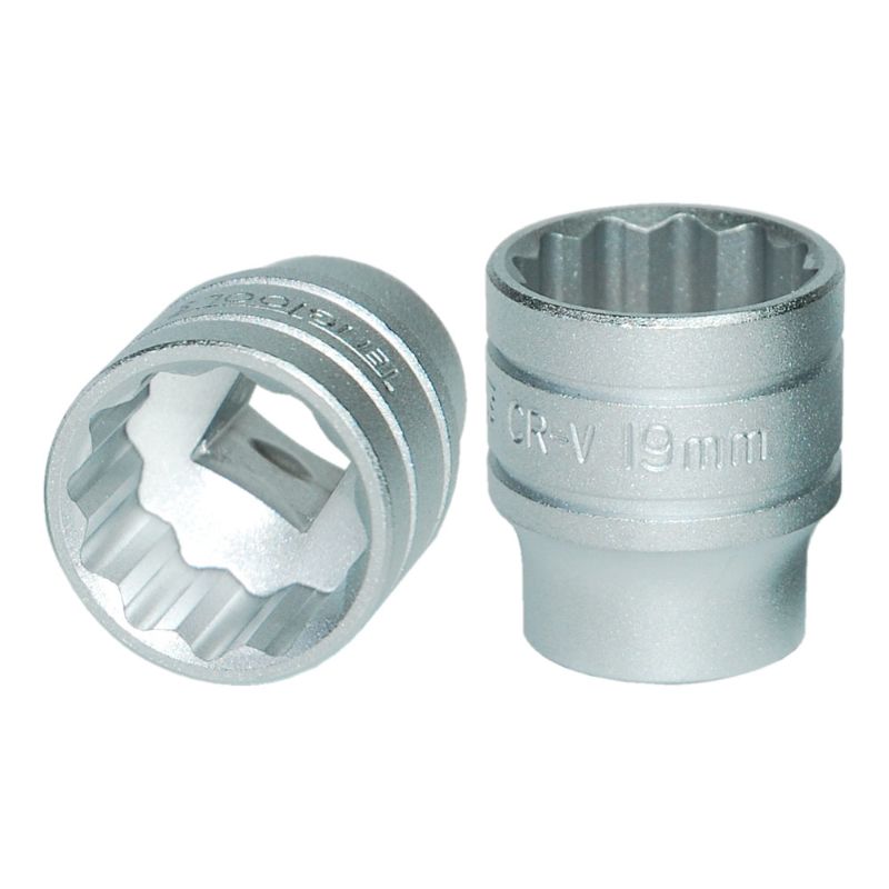 Teng 3/8in drive 19mm socket, crafted from chrome vanadium steel, designed for secure gripping and rust resistance.