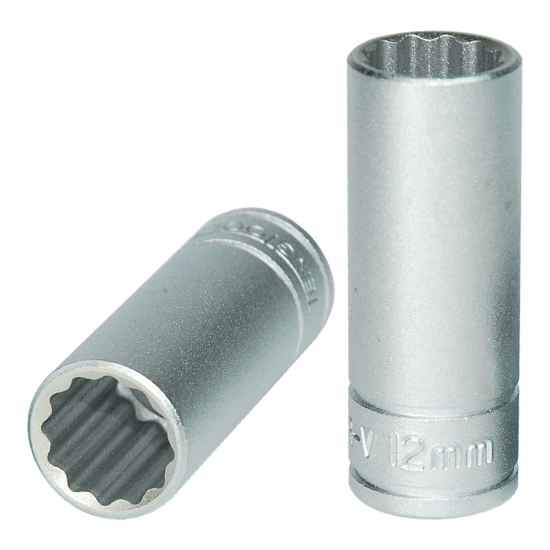 Teng 3/8in drive deep socket, 12mm 12pt, crafted from chrome vanadium steel for durability and superior grip on fasteners.