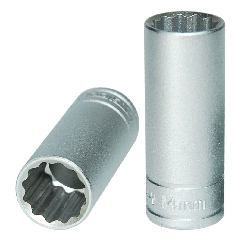 Teng 3/8in deep socket 14mm 12pt, crafted from chrome vanadium steel for durability and precision in deep recess tasks.
