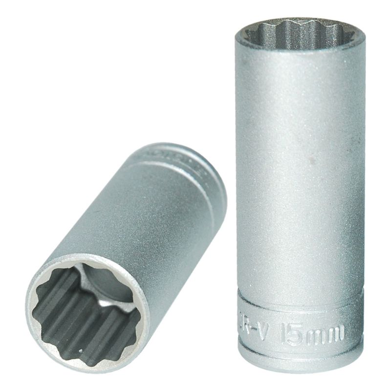 Teng 3/8in Dr. Deep Socket 15mm 12pt, precision tool for hard-to-reach fasteners, made from durable chrome vanadium steel.