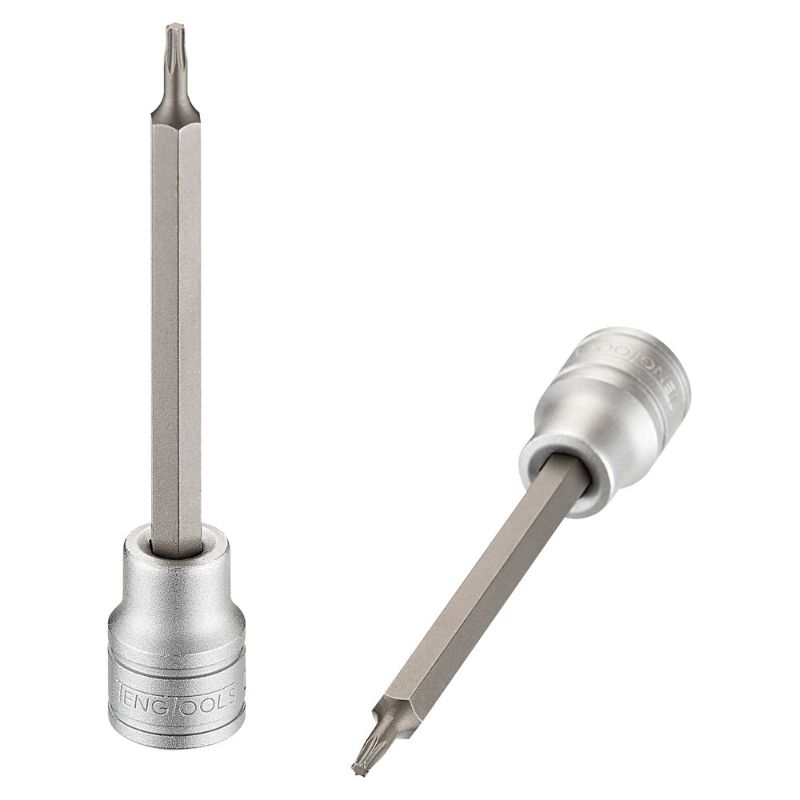 Long TX10 bit socket for 3/8in drive, crafted from durable chrome vanadium steel for precision in automotive tasks.