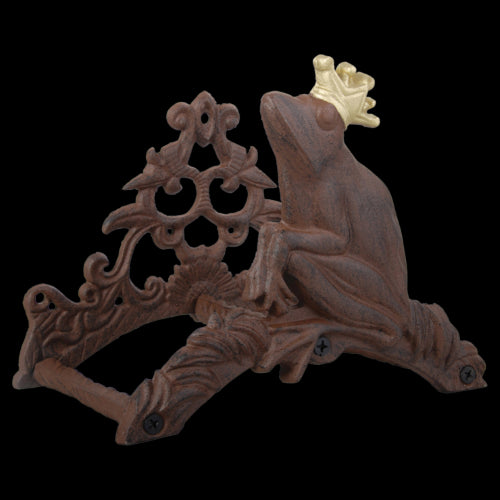 Antique Frog King Hose Holder in cast iron features a whimsical frog design for decorative and practical garden hose storage.