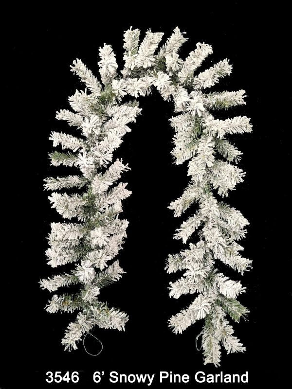 6’ Snowy Pine Garland featuring realistic snow tips, perfect for year-round decor and festive displays without maintenance.