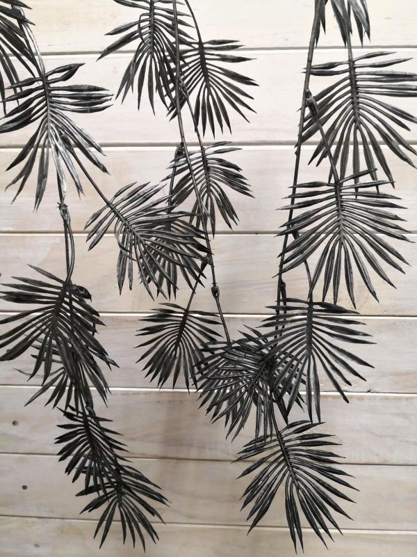 Black and grey small hanging fan palm spray, realistic artificial foliage for elegant decor, maintenance-free and stylish.