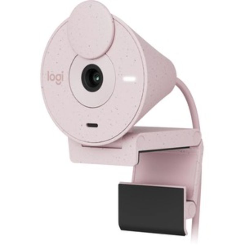 Logitech Brio 300 Full HD webcam in rose color, featuring 1080p video, noise-canceling mic, and automatic light correction.