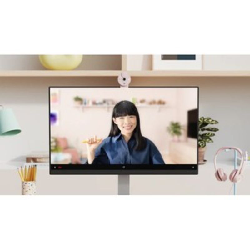 Logitech Brio 300 Full HD webcam in rose, offering 1080p video, noise-canceling mic, and versatile mounting options.