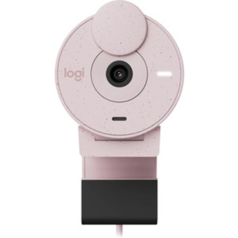 Logitech Brio 300 Full HD webcam in rose color, featuring 1080p resolution and noise-canceling microphone for clear video calls.