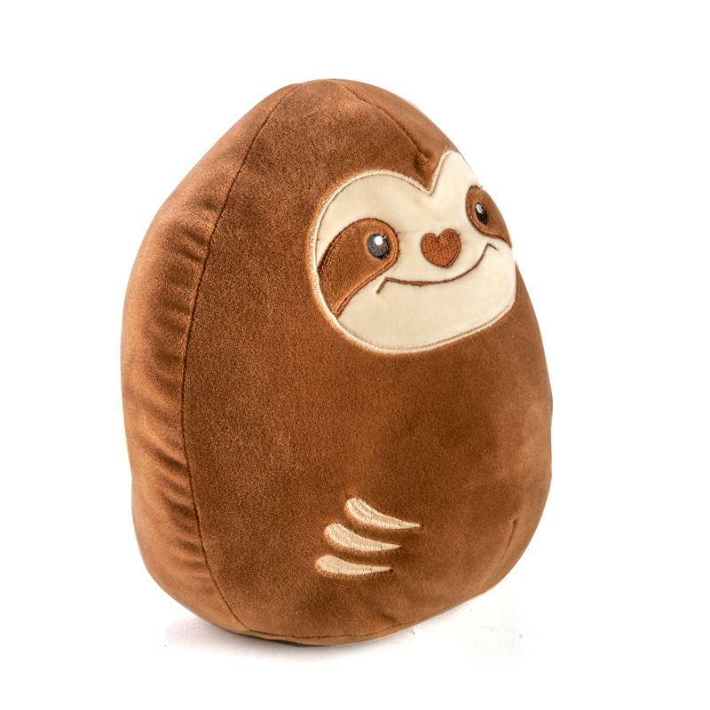 Soft 22cm sloth cushion made from velour fabric, perfect for cuddling or decor in any space.
