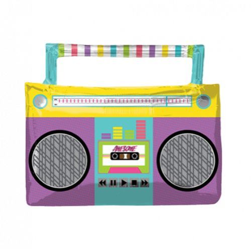 Colorful 68cm x 55cm boombox-shaped foil balloon, perfect for lively party decorations.