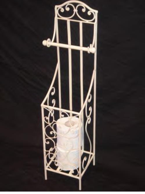 Antique cream wrought iron toilet roll holder with integrated basket for extra rolls, adding vintage charm to your bathroom.