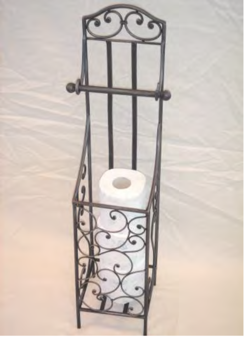 Antique silver toilet roll holder with a basket for extra rolls and top rod, blending vintage charm with modern functionality.