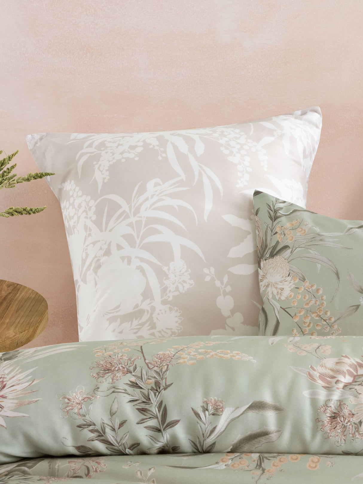 Elegant sage duvet cover set with muted botanical bouquets, crafted from 100% cotton for super king beds.