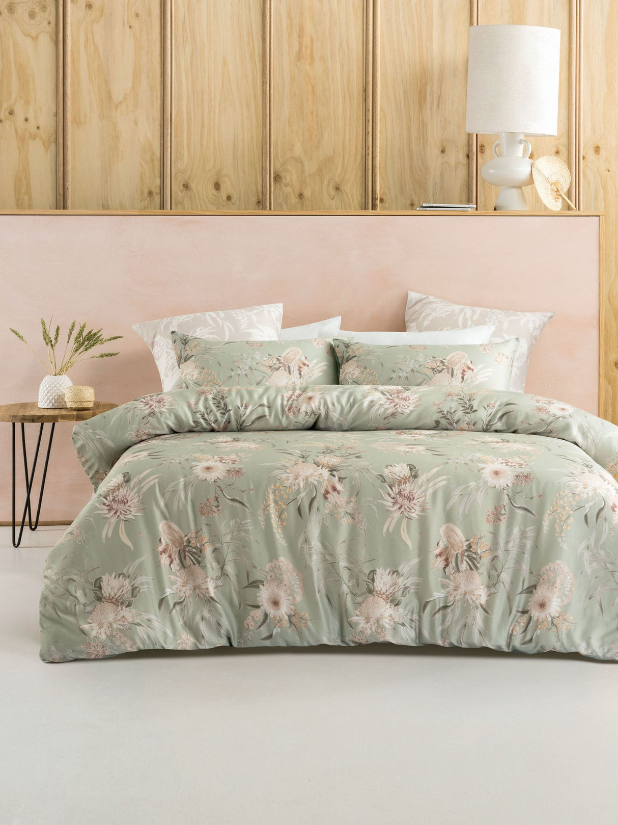 Nella Duvet Cover Set in sage with floral design, 100% cotton, includes Queen duvet cover and pillowcases.