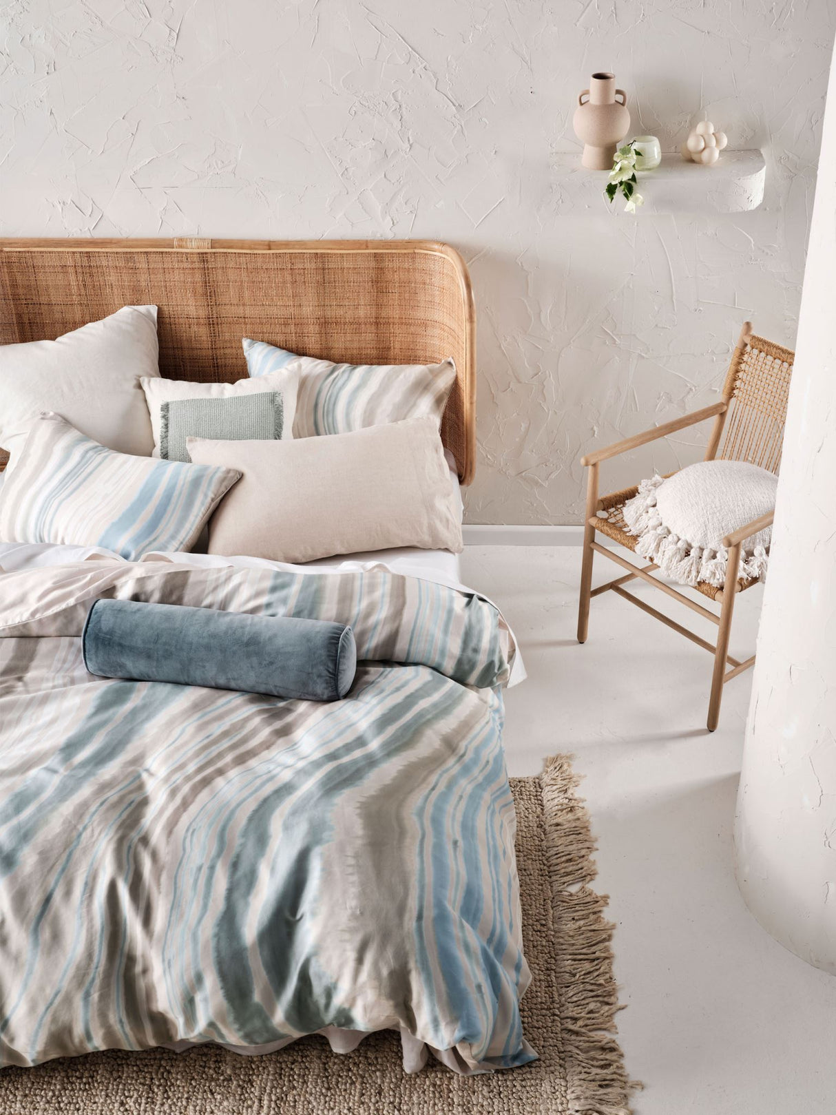 Californian King duvet cover set in soft blues and earthy tones, inspired by San Diego's natural beauty for a luxurious bedroom.