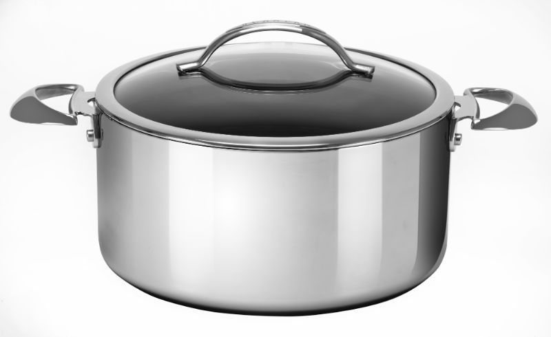 Scanpan Haptiq 26cm Dutch Oven in stainless steel, featuring non-stick surface and 5-ply construction for optimal cooking.
