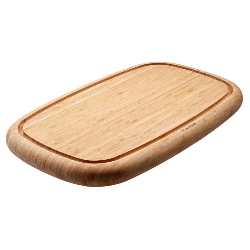 Eco-friendly 50cm bamboo chopping board with reversible design and deep juice groove for versatile food preparation.
