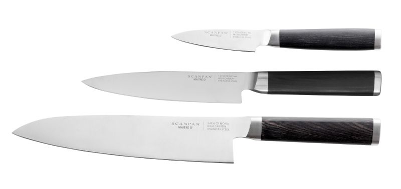 3-piece Scanpan Maitre D' Chef Knife Set with ice-hardened German stainless steel blades and ergonomic Pakka wood handles.