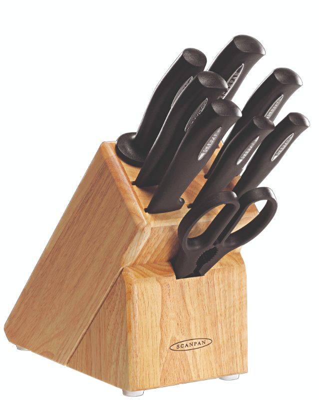 Cutlery block featuring 9 premium German stainless steel knives with ergonomic handles and wooden storage for a stylish kitchen.
