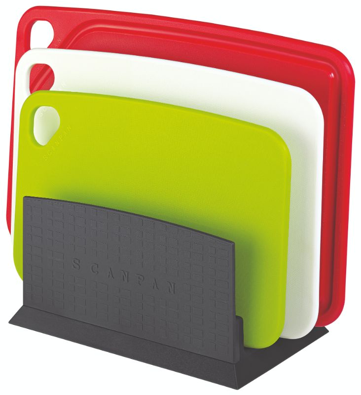 Cutting Board Set with Stand featuring 4 reversible polypropylene boards in white, green, and red for versatile food prep.
