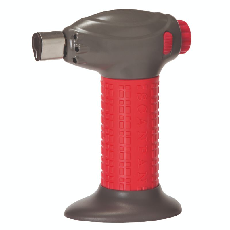Vibrant red Chef Torch with chrome nozzle, ergonomic grip, variable flame control, ideal for culinary precision and creativity.