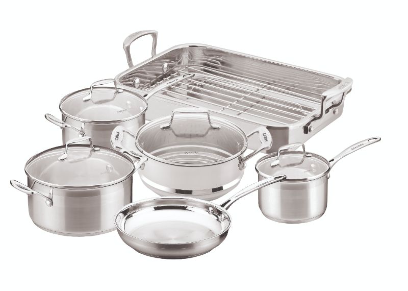 Cookware set featuring 6 premium stainless steel pieces, including saucepans, fry pan, Dutch oven, and roaster for versatile cooking.