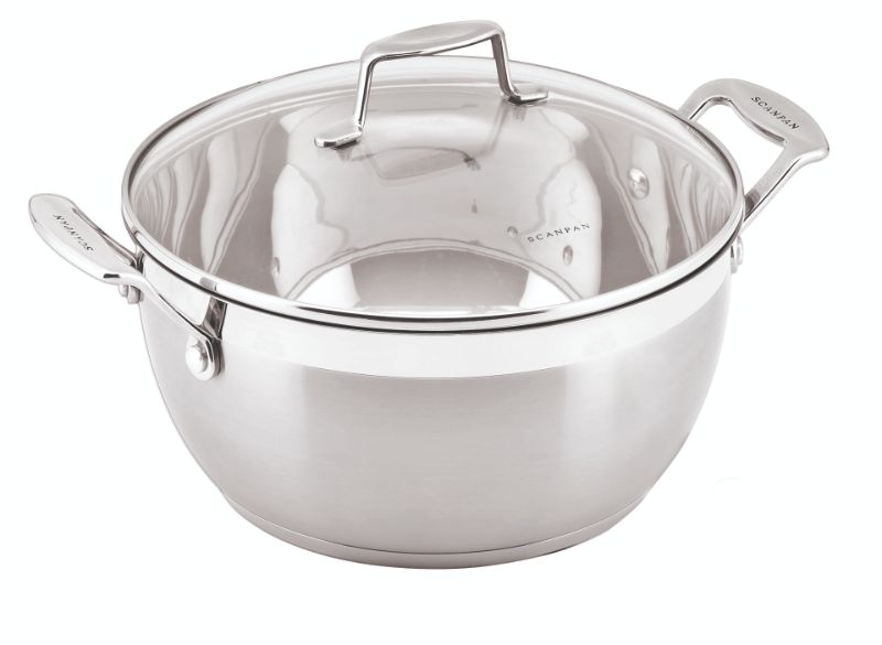 Scanpan Impact 28cm covered stew pot with tempered glass lid, stainless steel construction, and drip-free pouring rim.