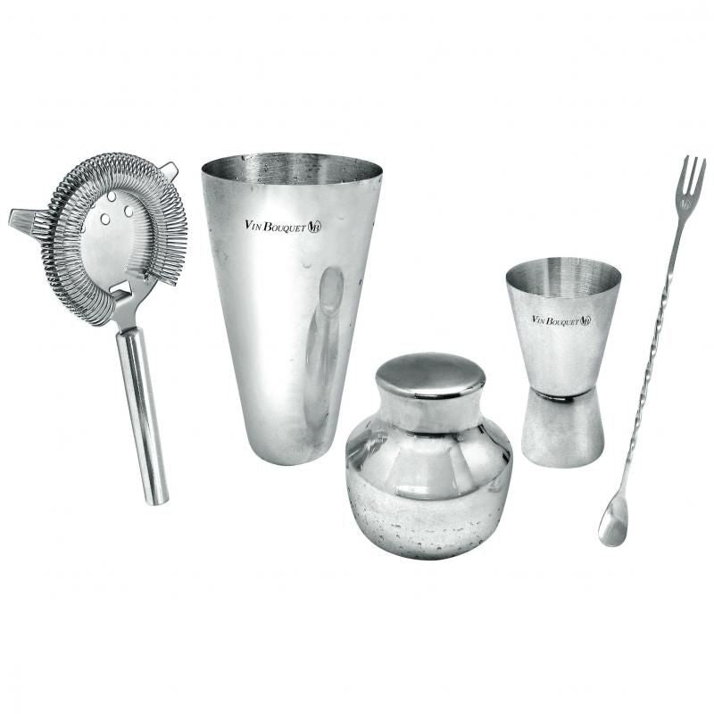 Premium Vin Bouquet Cocktail Set featuring essential stainless steel tools for home mixologists and cocktail enthusiasts.