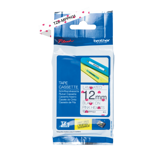 Brother TZeMPPH31 12mm Tape Black on Pink Hearts