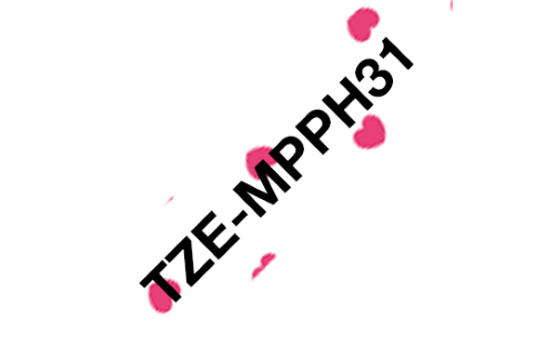 Brother TZeMPPH31 12mm Tape Black on Pink Hearts