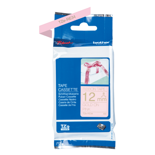 Brother TZeRE34 12mm Non Adhesive Ribbon Gold on Pink