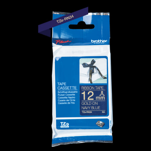 Brother TZeRE34 12mm Non Adhesive Ribbon Gold on Navy Blue