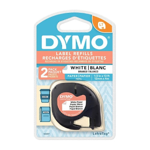 Dymo LetraTag Paper 12mm x 4m White Label Tape, Pack of 2