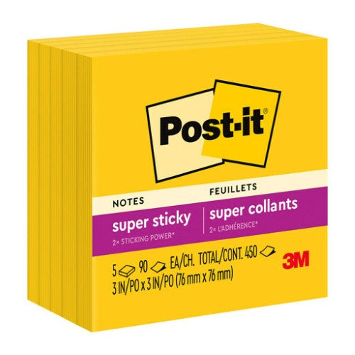 3M Post-it Super Sticky Notes 654-5SSY Yellow 76x76mm 90 sheet pads Pkt/5