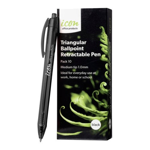 Icon Ballpoint Retractable Pen Triangular Medium Black (Pack of - 10)