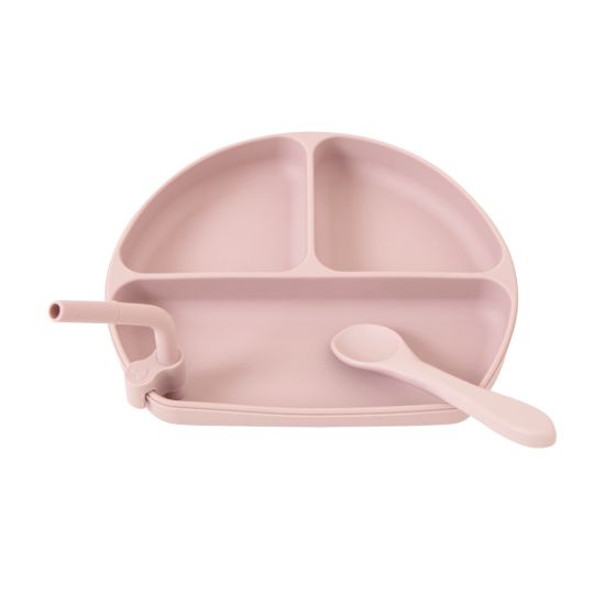 Silicone Plate With Straw & Spoon - Dusty Pink - All4Ella