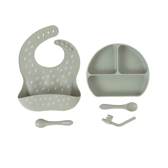 Silicone Plate With Straw & Spoon - Olive - All4Ella