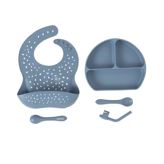Silicone Plate With Straw & Spoon - Slate Blue - All4Ella