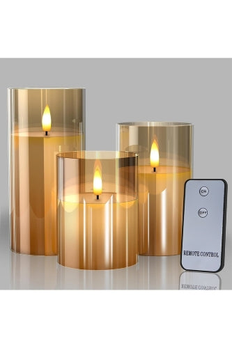Set of 3 Full Flame LED Candle Vases (remote control) - Gold