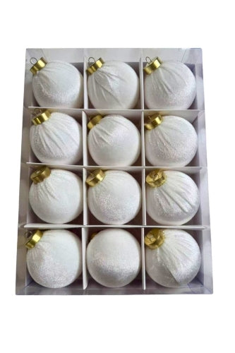 Velvet Christmas Baubles - White (12 pcs) - Size 10cmD