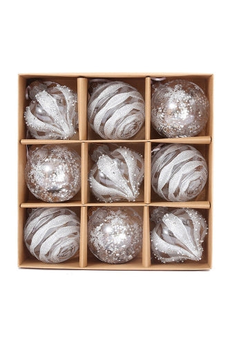 Assorted Glitter Christmas Baubles - White (9 pcs)