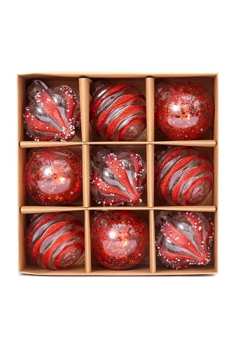 Assorted Glitter Christmas Baubles - Red (9 pcs)