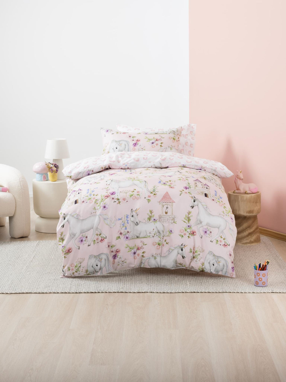 Unicorn Blossom Duvet Cover Set by Squiggles - Single - Blush